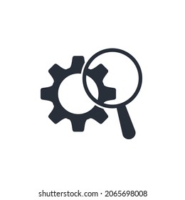 Rueda bajo una lupa. Datos técnicos, características. Condiciones de funcionamiento. Icono lineal vectorial aislado en fondo blanco.