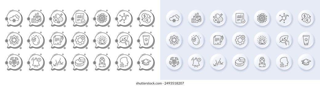Cogwheel, Unlock system and Sunscreen line icons. White pin 3d buttons, chat bubbles icons. Pack of Graduation cap, Currency exchange, Snow weather icon. Vector