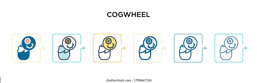 Cogwheel vector icon in 6 different modern styles. Black, two colored cogwheel icons designed in filled, outline, line and stroke style. Vector illustration can be used for web, mobile, ui