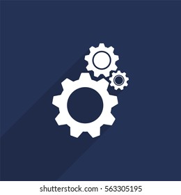 Cogwheel vector icon with long shadow isolated on  blue