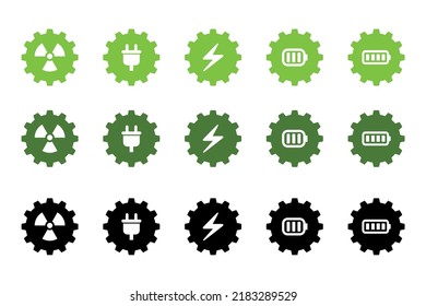 Cogwheel vector icon set. Energy and power concept. light green, dark green, black. Transparent background. Isolated on a white layer.