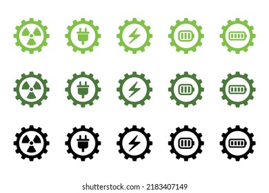 Cogwheel vector icon set. Energy and power concept. light green, dark green, black. Transparent background. Isolated on a white layer.