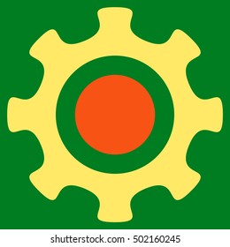 Cogwheel vector icon. Style is flat graphic bicolor symbol, orange and yellow colors, green background.
