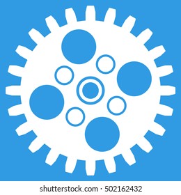 Cogwheel vector icon. Style is flat graphic symbol, white color, blue background.