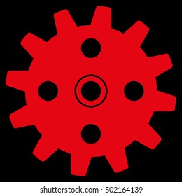 Cogwheel vector icon. Style is flat graphic symbol, red color, black background.