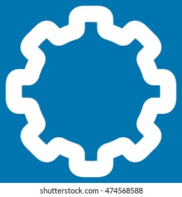 Cogwheel vector icon. Style is outline flat icon symbol, white color, blue background.