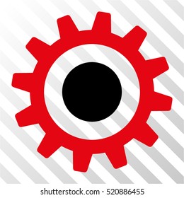 Cogwheel vector pictogram. Illustration style is flat iconic bicolor intensive red and black symbol on a hatched transparent background.