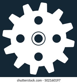 Cogwheel vector pictogram. Style is flat graphic symbol, white color, dark blue background.
