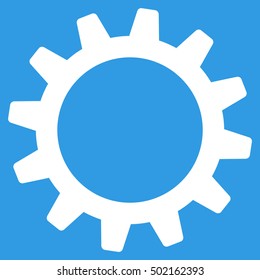 Cogwheel vector pictogram. Style is flat graphic symbol, white color, blue background.