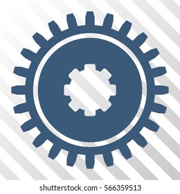 Cogwheel vector pictograph. Illustration style is flat iconic blue symbol on a hatch transparent background.