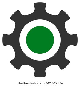 Cogwheel vector pictograph. Style is flat graphic bicolor symbol, green and gray colors, white background.