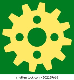 Cogwheel vector pictograph. Style is flat graphic symbol, yellow color, green background.