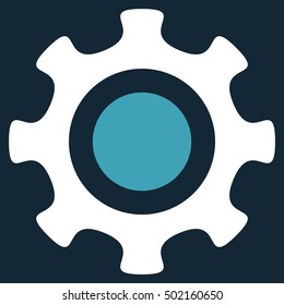 Cogwheel vector pictograph. Style is flat graphic bicolor symbol, blue and white colors, dark blue background.