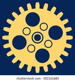 Cogwheel vector pictograph. Style is flat graphic symbol, yellow color, blue background.