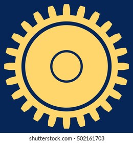 Cogwheel vector pictograph. Style is flat graphic symbol, yellow color, blue background.