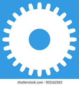 Cogwheel vector pictograph. Style is flat graphic symbol, white color, blue background.