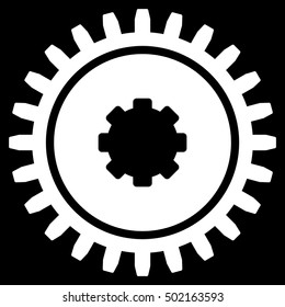 Cogwheel vector pictograph. Style is flat graphic symbol, white color, black background.