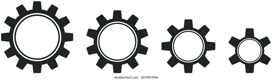 Cogwheel vector set Symbols in Black on isolated white background.
Four black rack wheels with twelve, ten, eight and six equal tooth size.