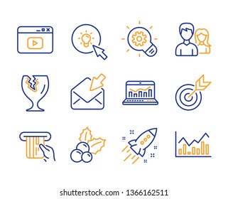 Cogwheel, Web analytics and Energy icons simple set. Teamwork, Open mail and Credit card signs. Target, Video content and Fragile package symbols. Line cogwheel icon. Colorful set. Editable stroke