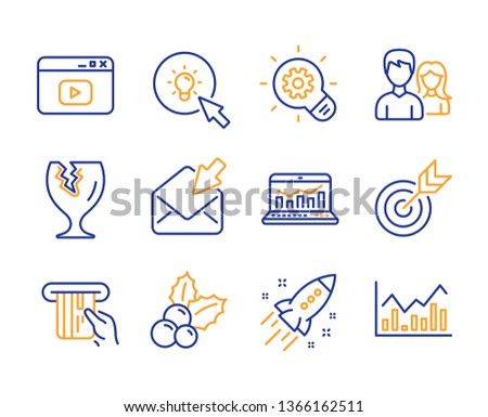 Cogwheel, Web analytics and Energy icons simple set. Teamwork, Open mail and Credit card signs. Target, Video content and Fragile package symbols. Line cogwheel icon. Colorful set. Editable stroke