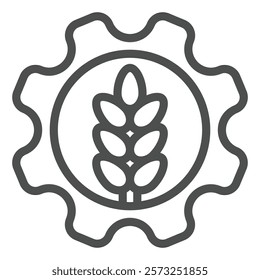 Cogwheel with wheat ear line icon, wheat production concept. Vector graphics. Mechanic gear with wheat plant sign on white background, outline style icon for mobile or web design