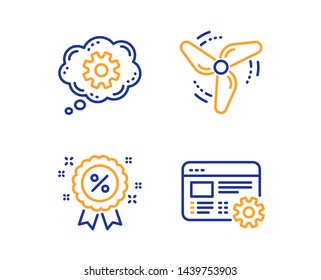 Cogwheel, Wind energy and Discount icons simple set. Web settings sign. Engineering tool, Ventilator, Sale shopping. Business set. Linear cogwheel icon. Colorful design set. Vector