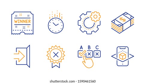 Cogwheel, Winner ticket and Usd currency line icons set. Correct checkbox, Exit and Reject medal signs. Time, Augmented reality symbols. Engineering tool, Carousels award. Business set. Vector