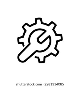 Cogwheel and wrench line icon. Symbol of adjustment, repairs, technical service or support