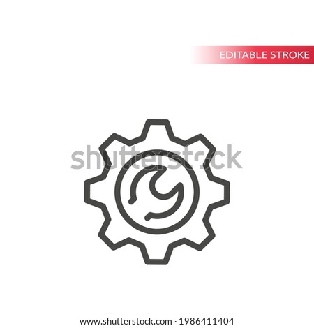 Cogwheel and wrench line vector icon. Gear and spanner symbol, editable stroke.