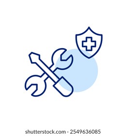 Cogwheel and wrench. Work tools and medical shield. Healthcare, insurance for labor jobs. Pixel perfect, editable stroke icon
