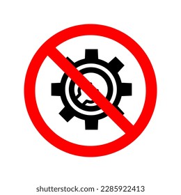 Cogwheels ban icon. Gears is prohibited. Vector illustration. No cogwheels icon on white background..eps