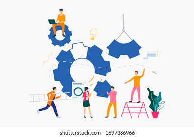 Cogwheels and businesspeople working among them. Business process, gear, teamwork. Management concept. Vector illustration can be used for presentation slide, posters, banners