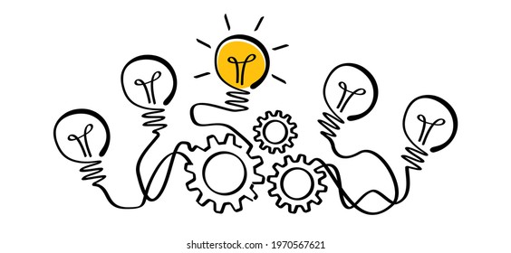 Cogwheels Chaos Brain Line Pattern. Cog, Gear Mechanism Settings Tools, Comic Electric Lamp Idea Doodle. FAQ, Business Loading, Order Concept. Vector Light Bulb Icon Or Sign Ideas. Brilliant Lightbulb