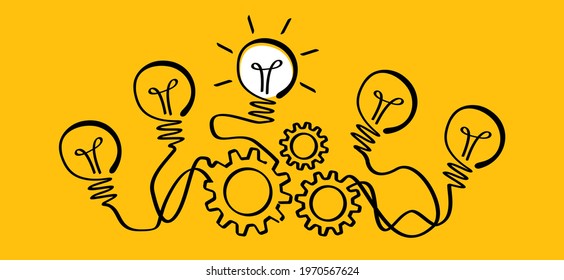 Cogwheels chaos brain line pattern. Cog, gear mechanism settings tools, Comic electric lamp idea doodle. FAQ, business loading, order concept. Vector light bulb icon or sign ideas. Brilliant lightbulb