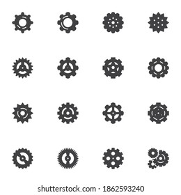 CogUCES, conjunto de iconos vectoriales de engranajes, colección moderna de símbolos sólidos, paquete de pictogramas estilo relleno. Señales, ilustración del logotipo. Set incluye iconos como configuración del mecanismo de reloj, engranaje de ajuste, cog
