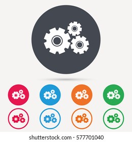 Cogwheels icon. Repair service symbol. Round circle buttons. Colored flat web icons. Vector