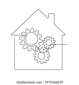 Cogwheels Inside House In One Line Drawing. Smart Home Concept In Minimalistic Style And Editable Stroke. Can Used For Logo, Emblem, Slide Show And Banner. Vector Illustration