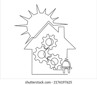 Cogwheels inside House in one line drawing. Smart home concept in minimalistic style and editable stroke. Can used for logo, emblem, slide show and banner. Vector illustration
