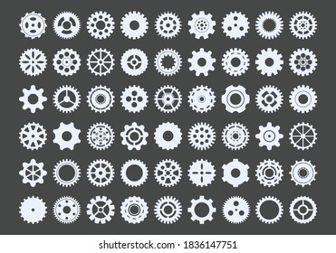 Cogwheels large set. Metal snowflakes industrial components for mechanisms round gear with numerous teeth and spacers hole tracery and graphic engineering powerful transmissions. Vector circle.