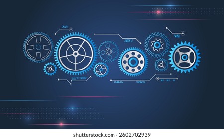 Cogwheels and lines for scientific experiment presentation. Futuristic high tech concept. Business and industry internet banner. Gear mechanism on blue background for presentation. 