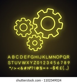 Cogwheels neon light icon. Cogs. Glowing sign with alphabet, numbers and symbols. Vector isolated illustration
