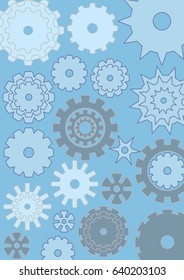 Cogwheels on blue background, techno design, gears in different size, white and grey