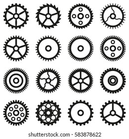 Cogwheels parts of watch movement. Set of 16 elements. Details clockwork. Motif for background, postcard,  icon, napkins, fabric, textile, insignia, badges, wallpaper, template, pack, paper, poster. 