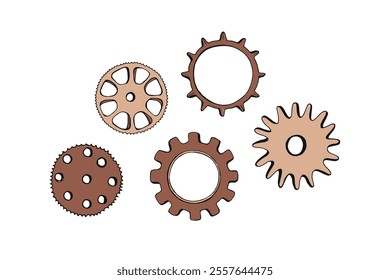 Cogwheels set in steampunk vintage style. Retro industrial gear components, parts. Cog wheels, mechanical aesthetic. Mechanism, engineering tools. Vector illustration isolated on white background