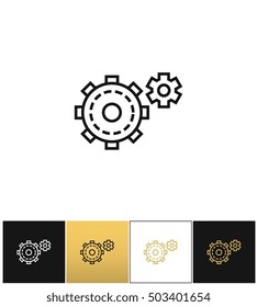 Cogwheels symbol or cog gears line program on black, white and gold background