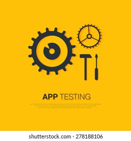 Cogwheels and tools. Application testing. 