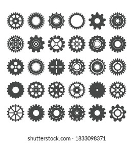 Cogwheels varieties set. Gear industrial components for mechanisms round with numerous teeth and spacers hole tracery and graphic engineering for powerful metal transmissions. Vector icons.