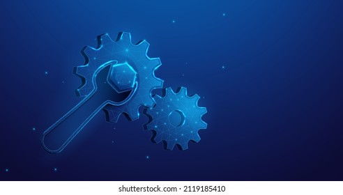 Cogwheels With A Wrench. Maintenance, Repair Service. Wireframe Line, And Triangle Design. 3d Model. Vector Illustration