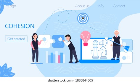 Cohesion of businessmen around same idea, solidarity in teamwork for achievement of best result. Tiny people assemble a puzzle. Metaphor of business target. Human resource vector concept in flat style