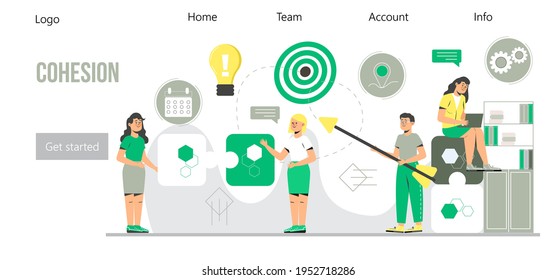 Cohesion of businessmen around same idea, solidarity in teamwork for achievement of best result. Tiny people assemble puzzle. Metaphor of business target. Human resource vector concept.